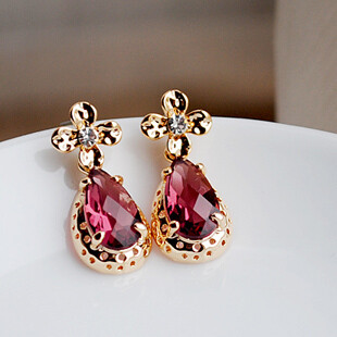 感恩回馈●韩国品韩国水晶很暖的颜色四叶花朵钻耳环R