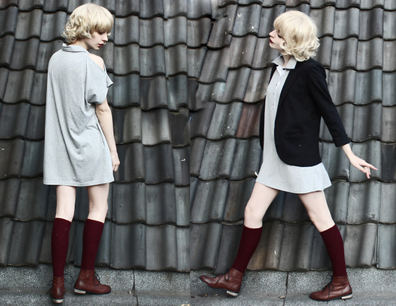 Pale like early spring (by Nadia Esra) - Boyfriend Blazer, Shirt Dress Button Up, Socks, Lace Up Shoes, Wig