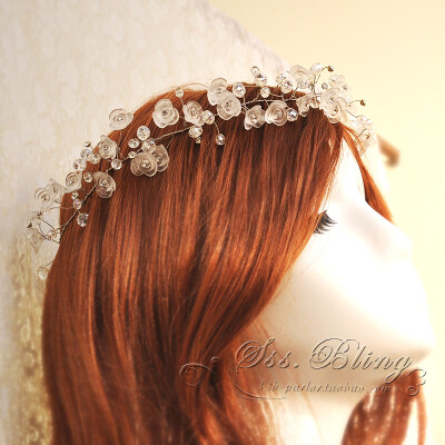 珊雪波西米亚风新娘头饰磨砂花合金水晶发饰手工水钻珍珠珠花