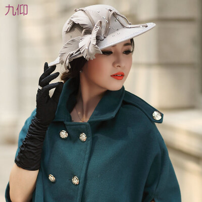 九仰纯羊毛花边镶钻大檐毡帽高贵时尚圆顶女礼帽潮流帽子女