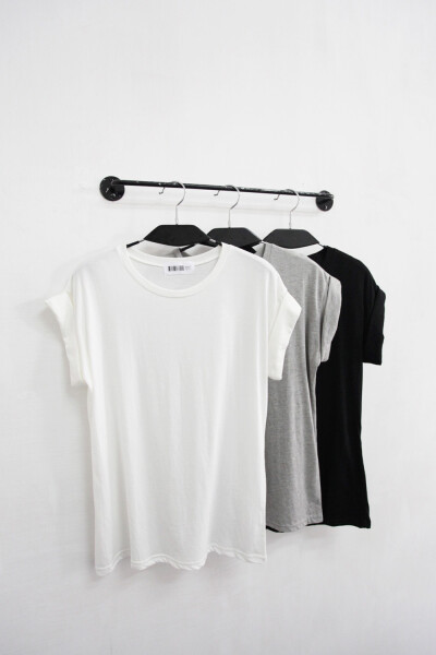 色基本纯色卷袖圆领T恤