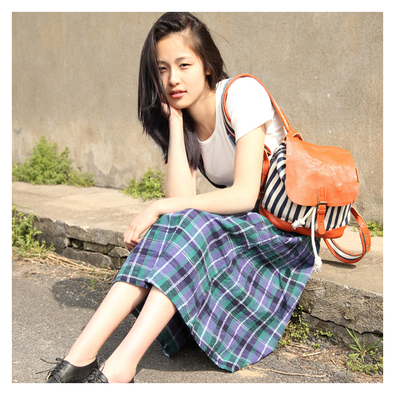 尺渡春季复古学院风磨毛蓝绿格子两穿背带裙格子半身裙
