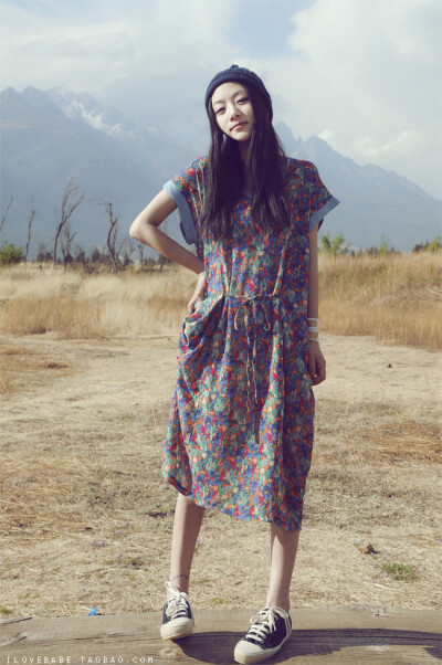 BabeStyle◆特韩国进口水墨复古褶皱设计连身裙