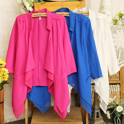 E春夏韩版立领垫肩七分袖无扣雪纺西装外套女