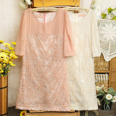 E春甜美淑女圆领中袖钉珠绣花雪纺网纱连衣裙女