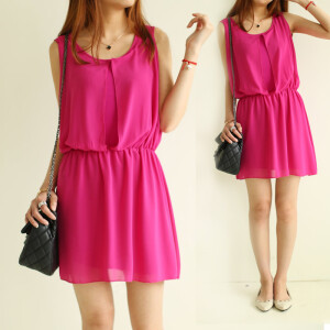 E夏韩版圆领无袖前襟镂空松紧腰雪纺连衣裙女