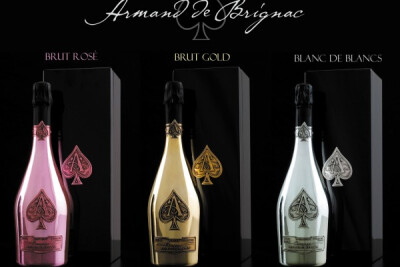 One of my favorite: "Armand de Brignac", colloquially Ace of Spades after the logo, is the name of a Champagne brand produced by Champagne Cattier, and sold in opaque metallic bottles.