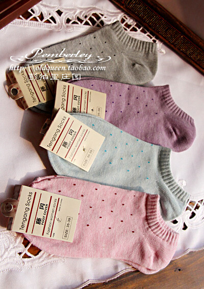 彭伯里粉彩色复古点点春夏薄款纯棉船袜女短袜运动袜
