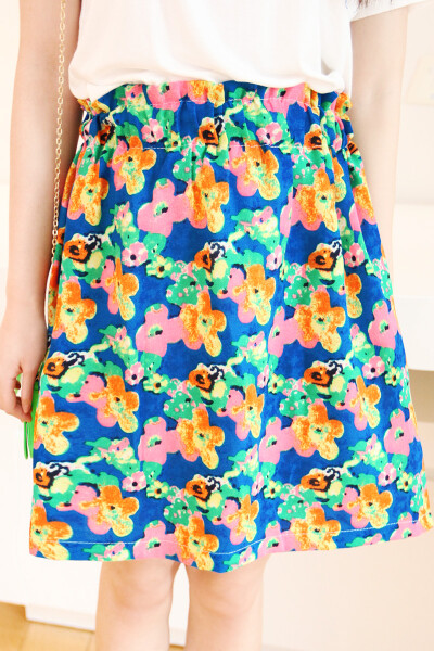 韩国yubsshop厚实雪纺面料碎花高腰花苞彩色荧光色花朵蓬蓬裙