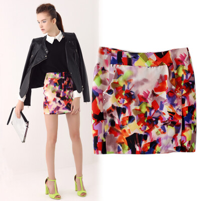 春夏女装绚烂印花修身铆钉包臀裙短裙半身裙一步裙DQA