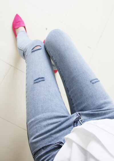 韩国订单浅色水洗割破破洞修身弹力牛仔小脚裤铅笔裤女