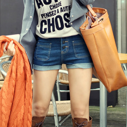 夏季中高腰排扣卷边蓝色牛仔裤短裤热裤修身弹力时尚裤子