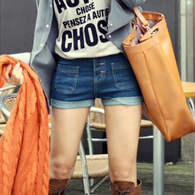 夏季中高腰排扣卷边蓝色牛仔裤短裤热裤修身弹力时尚裤子