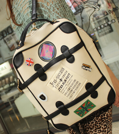 欧美英伦学院范撞色休闲勋章大包包双肩背包书包女包潮