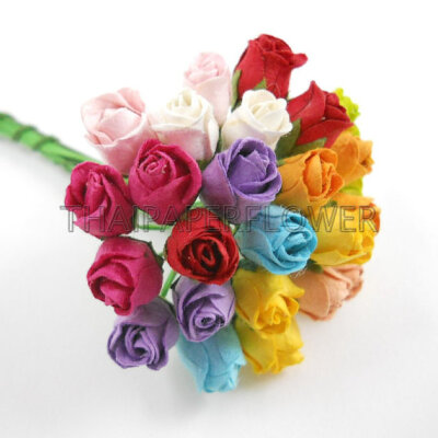 25 paper flower rosebuds scrapbook home decor craft supply card making T30-Rainbow