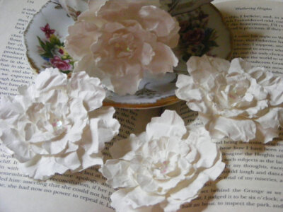 White, handcrafted, paper flowers for scrapbooking, weddings, bridal showers, cardmaking, home decor