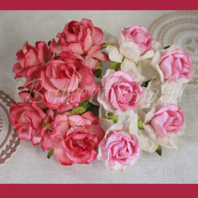 5 sets of 10 Handmade Mulberry Paper Flowers Hot Pink 2 Tone and Pink White Large Wedding Roses