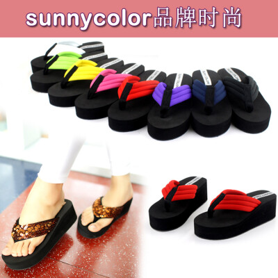 sunnycolor高跟坡跟防滑人字拖鞋夏季中跟平厚底沙滩女士夹脚凉鞋