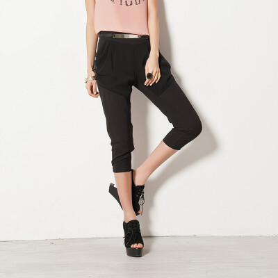欧洲站春秋雪纺拼接休闲铅笔裤女中腰百搭修身七分小脚裤