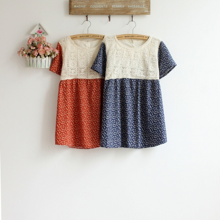 夏季新款 日系原单精美蕾丝钩花拼接衬衫 甜美碎花森女系短袖罩衫