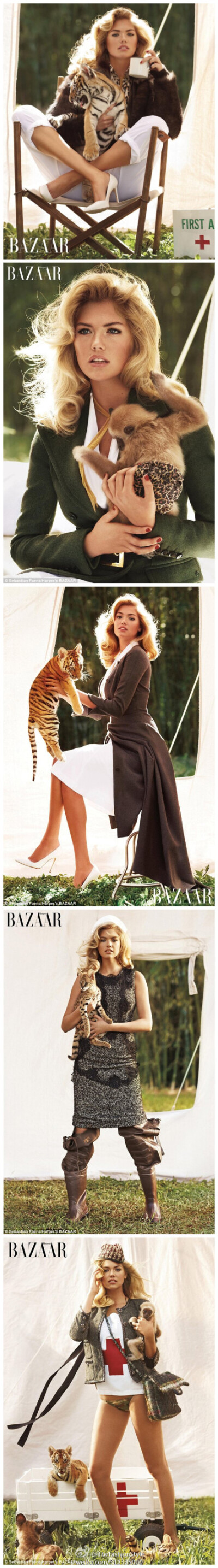 #雜志大片#——Here are some photos from a Harper’s Bazaar photo shoot featuring #Kate Upton# and some exotic baby animals.