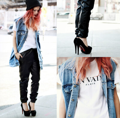 【简单干练】Tee, Miss Kl Vest, She Inside Slouchy Pu Pants, Asos Beanie - IN VAIN - PARIS. - Lua P