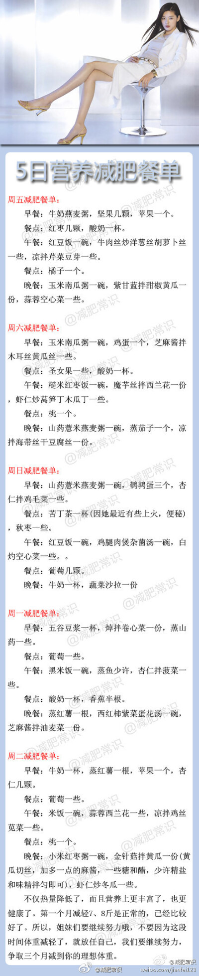 【5日减肥餐单】专业营养师开出的，5日营养减肥餐单，1周见效！稀饭的MM尽快抱走