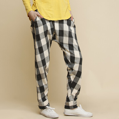 时装周春装女装格子帅气抽绳棉麻锥形裤子PY