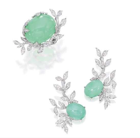 Lot 14 - 18 KARAT WHITE GOLD, GREEN OPAL AND DIAMOND RING AND EARRINGS, SIFEN CHANG