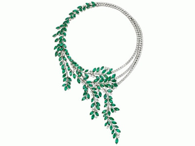 this 18-carat white gold necklace from Piaget is set with 204 brilliant-cut diamonds and 128 marquise-cut emerald