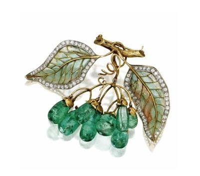 Gold, Emerald, Diamond, Plique-à-Jour Enamel Brooch, Marcus & Co., Circa 1900 - Sotheby's