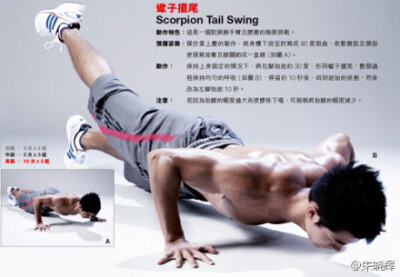 【蝎子摆尾 塑身】 突破瘦身瓶颈，再度燃烧脂肪。俯卧撑姿势，将身体下降至肩肘成90度，收紧腹肌，使头、肩、背、臀一直线。保持上身固定，将右腿抬起约30度，停留10秒，回到起始状态。然后改为左腿抬起10秒。注意，…