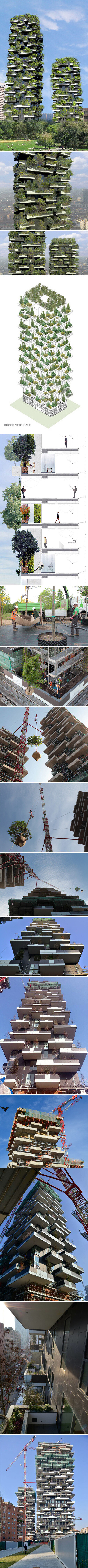 Bosco Verticale：位于米兰由Stefano Boeri设计的大楼正在建设中。作为垂直绿化预定在这两栋大楼种植许多的草花树木，其中树木为900棵，以丰富阳台。应对城市面积的不断扩大，故而充分地利用大楼的垂直面积培育植物来弥补绿地的减少，最大限度使城市绿化成为可能。 http://t.cn/zTxXR0r