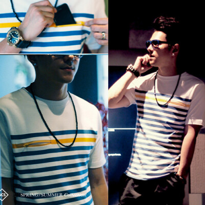 李晨NIC黄蓝条纹黄拉链男短袖T恤