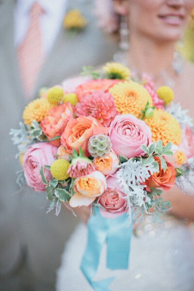 Bright dahlia wedding bouquet