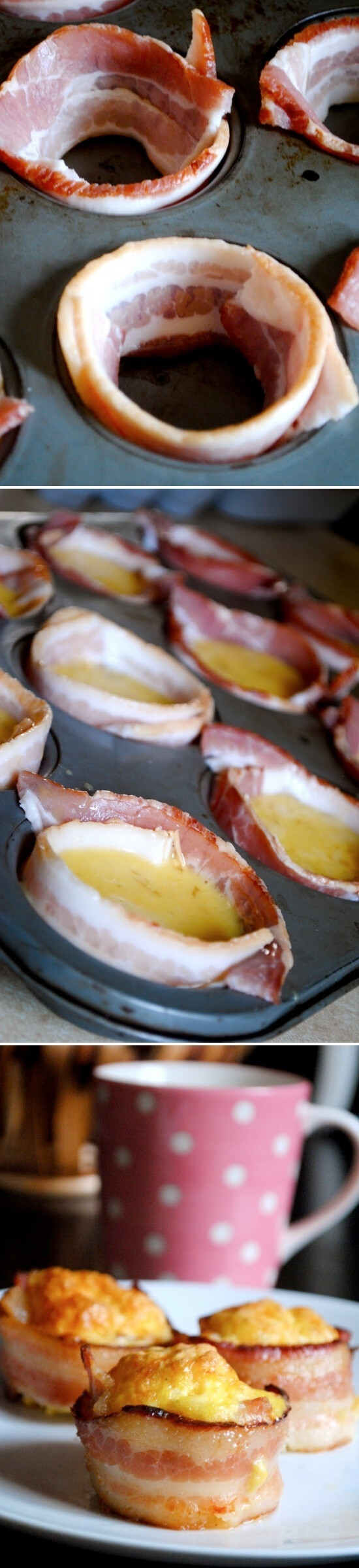 Mini Bacon Egg Cups -Yep, bite sized bacon and egg awesomeness. Simply wrap your muffin tins with bacon, fill with seasoned whipped eggs and bake at 350* for 30-35 minutes.