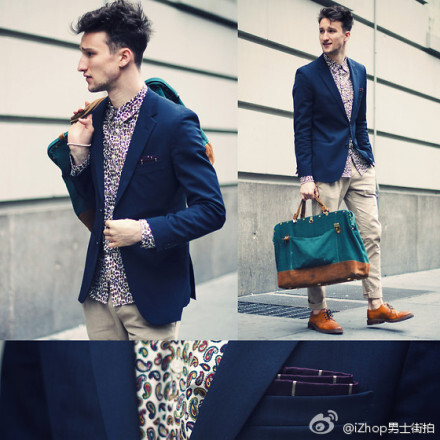 #男士街拍# 衬衫：TOPMAN 西服：HUGO BOSS 裤子：ZARA 鞋：MR. B'S 方巾：CLUB MONACO