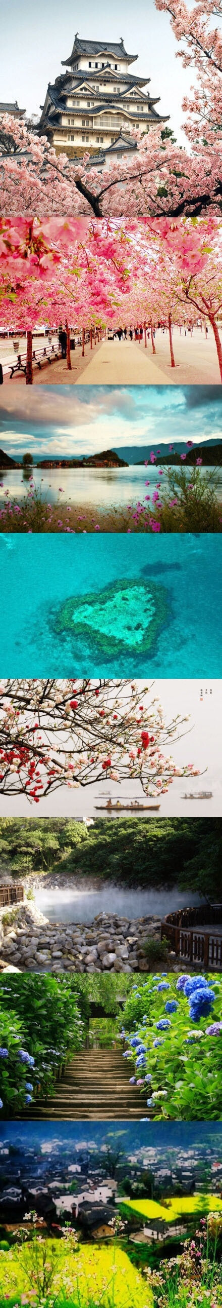 【春天最值得去的旅游目的地】1.日本京都樱花海，鲜艳动人；2.云南花海湖景四季如春；3.澳洲大堡礁无敌海景，神秘热带雨林；4、杭州西湖赏花，一株柳树一株桃；5、台湾温泉，悠闲养身；6、四川峨眉山，山花烂漫踏青时；7、江西婺源，迷人的油菜花田落满春天。春暖花开，走起来。（转）