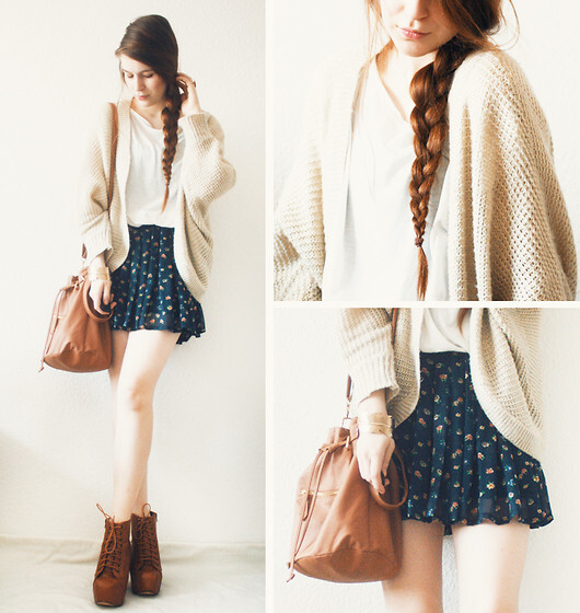 Axparis Cardigan, Chicwish Skirt, Stradivarius Shirt, Primark Bag, Boohoo Boots