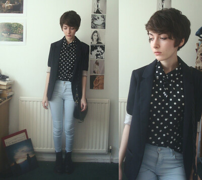 Polka Dot Blouse, Topshop Blazer, Topshop Jeans, Boots