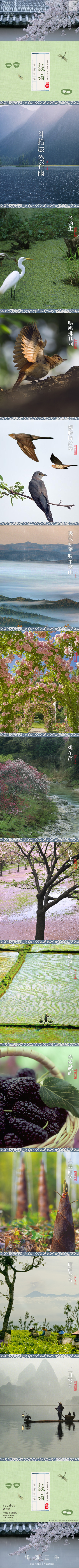 穀雨 | 幾枝新葉，數筆皴山。春鶯拂羽，布谷鳴啾。習習暖風，點點浓雨。蔓蔓薔薇，韡韡棣萼。繡花非花，柳雪非雪。春風風冽，夏雨雨凌。湖光迷翡翠，草色醉蜻蜓。去年此時水邊坐，一杯新茗泡松蘿。今年昨夜聽風雨，三晌濃睡消殘酒。夢裡依稀竹扉叩，花廬宿鶴驚撲雨。衣披睡眼，新山入簾，三月殘春。