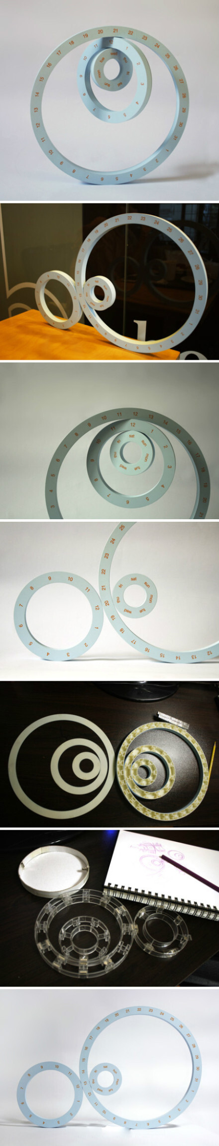 圆圈日历：设计师Jeong Yong打破了传统的日历样式，创作出了这个奇特的由3个大小不同的圆环组成的台历。大圈表示日期、中圈表示月份、小圈代表星期，期间用磁石连接。虽然得需手动，但是也算给生活增添了些许乐趣吧。