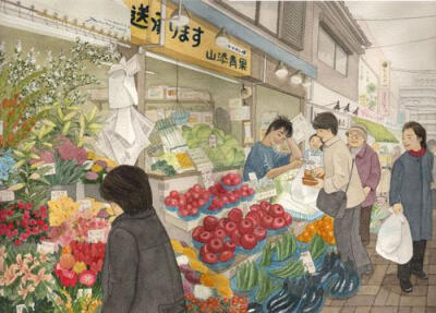 分享一组来自日本画家金沢まりこ的温馨水彩画，他的插画多以温馨、宁静及怀旧色彩为主