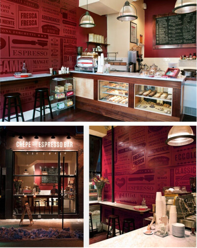 意大利Crespella咖啡店装修设计，Crespella是一家融合了意大利的经典和现代人的前卫的一家咖啡厅，纽约设计师Tag Collective为他们设计了这套简洁而经典的视觉形象。