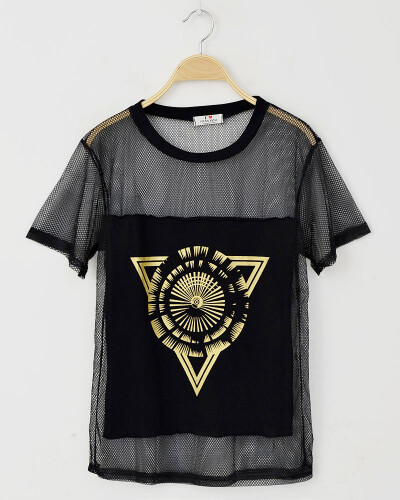 韩国最神秘三角几何图案网纱透视短袖T恤tee女装多色入