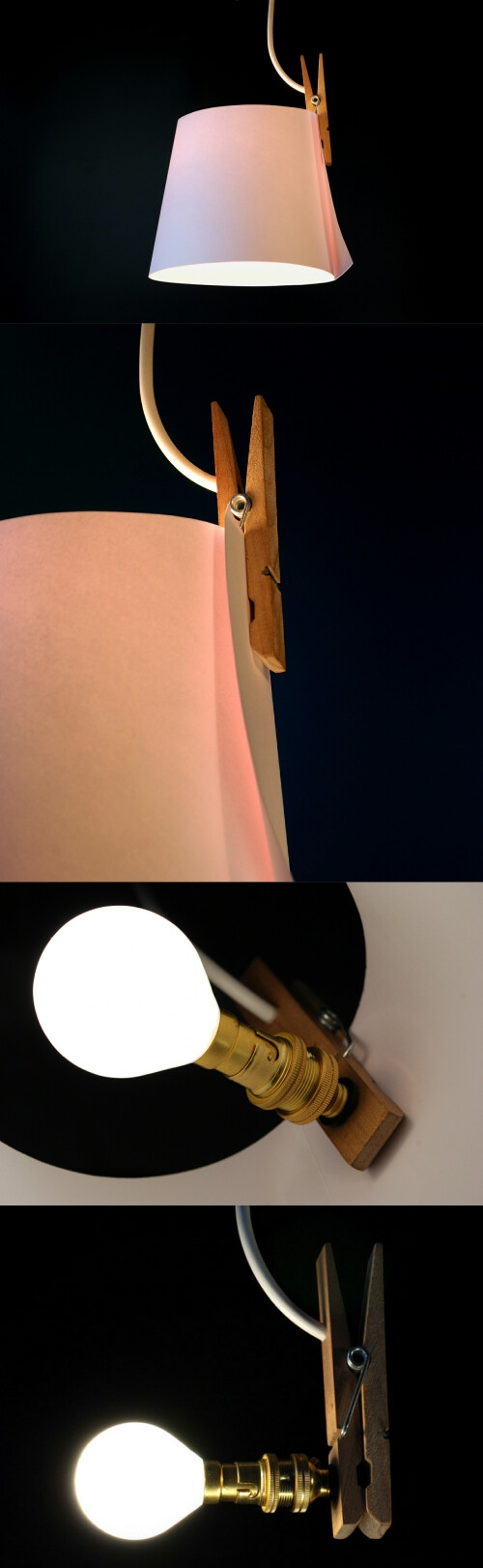 现居英国伦敦的日本家具设计师山中一宏（Kazuhiro Yamanaka）设计了一款名为“纸月亮”的极简吊灯，整个灯只由三部分组成：一个木头夹子，一张纸，和一个灯泡。使用时将纸卷成一个圆筒，用夹子夹住，罩在灯泡周围即可。你可以使用任何材料、形状和颜色的纸当做灯罩，从而获得不同的照明效果。为了保持整体中雷平衡，吊灯经过精心设计。更多：http://www.shejipi.com/