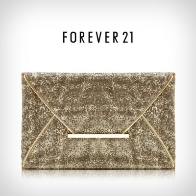 FOREVER21官网正品 F21金色摩登亮片信封手拿包晚宴包 大号女包包