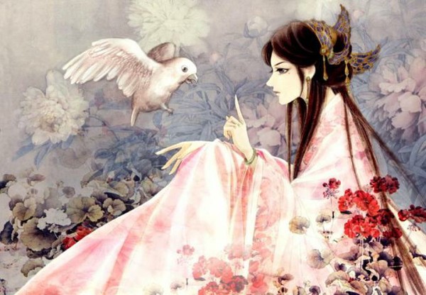 瞬美目以流眄，含言笑而不分。曲调将半，景落西轩。悲商叩林，白云依山。仰睇天路，俯促鸣弦。神仪妩媚，举止详妍。