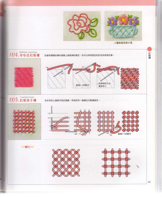 分离绣：先在布料上秀出基底，然后从基底线的下方穿过去，或是缠绕这些线。基底以外的线是浮在布面上的，并没有缝合，可以绣出立体的效果。