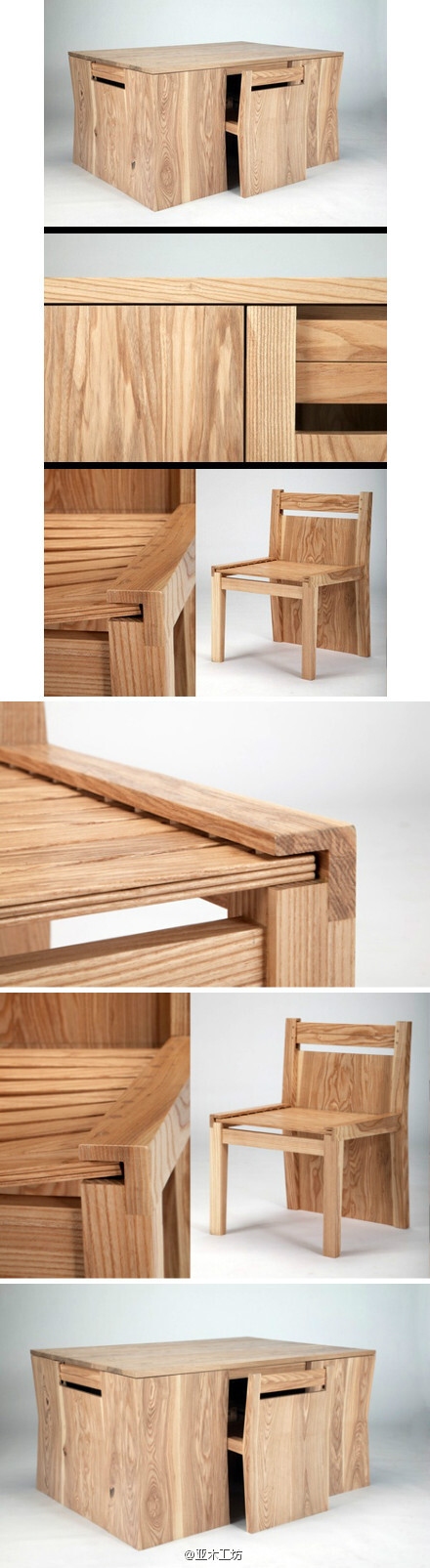 亚木工坊 可以“隐藏椅子”的餐桌，四张椅子利用与桌子相似的背面，藏在了桌子下，外观上强调了整体，但却用多了不少木材...By Brian Lee